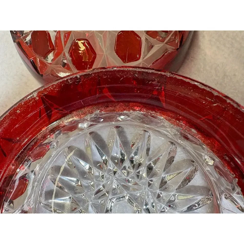 Ruby Stained Pressed Glass Covered Dish Vintage Two Handle Geometric Pattern